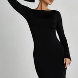 Black slinky fishtail maxi dress with long sleeves and crew neckline — Meshki | Endless UAE