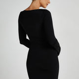 Black slinky fishtail maxi dress with long sleeves and crew neckline — Meshki | Endless UAE
