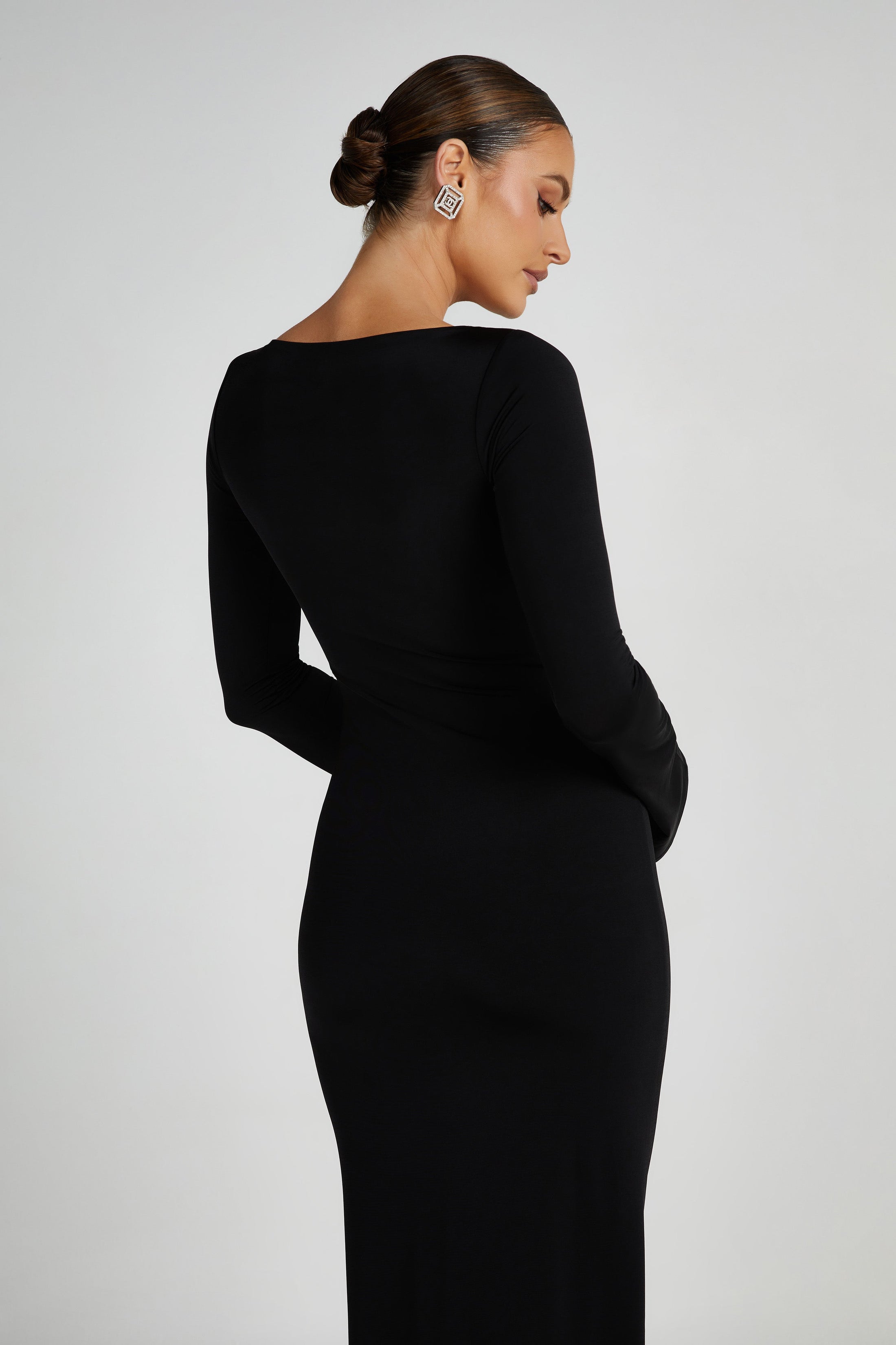 Black slinky fishtail maxi dress with long sleeves and crew neckline — Meshki | Endless UAE