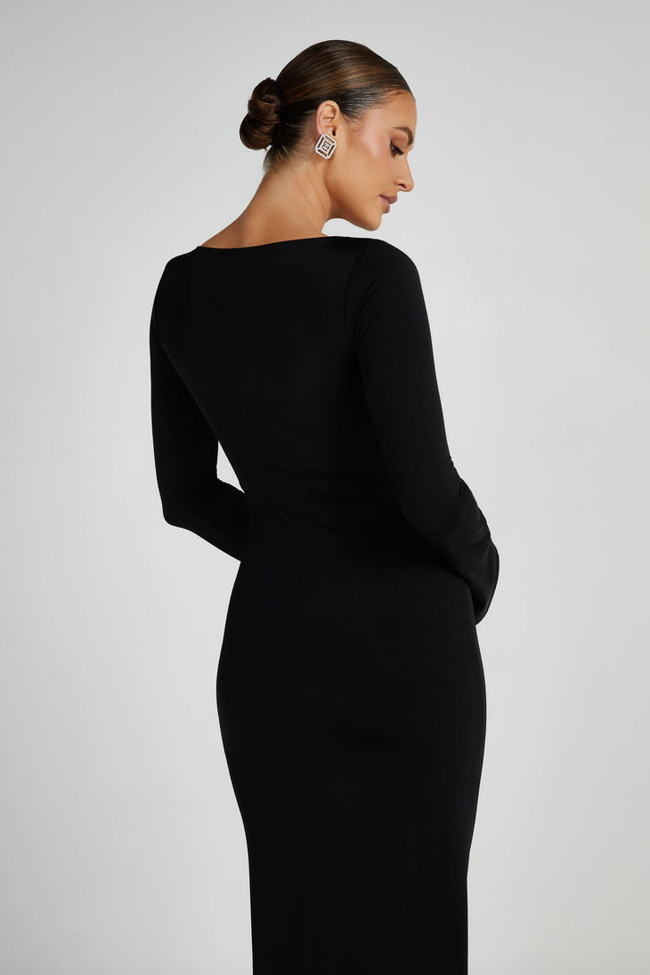 Black slinky fishtail maxi dress with long sleeves and crew neckline — Meshki | Endless UAE
