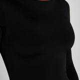 Black slinky fishtail maxi dress with long sleeves and crew neckline — Meshki | Endless UAE