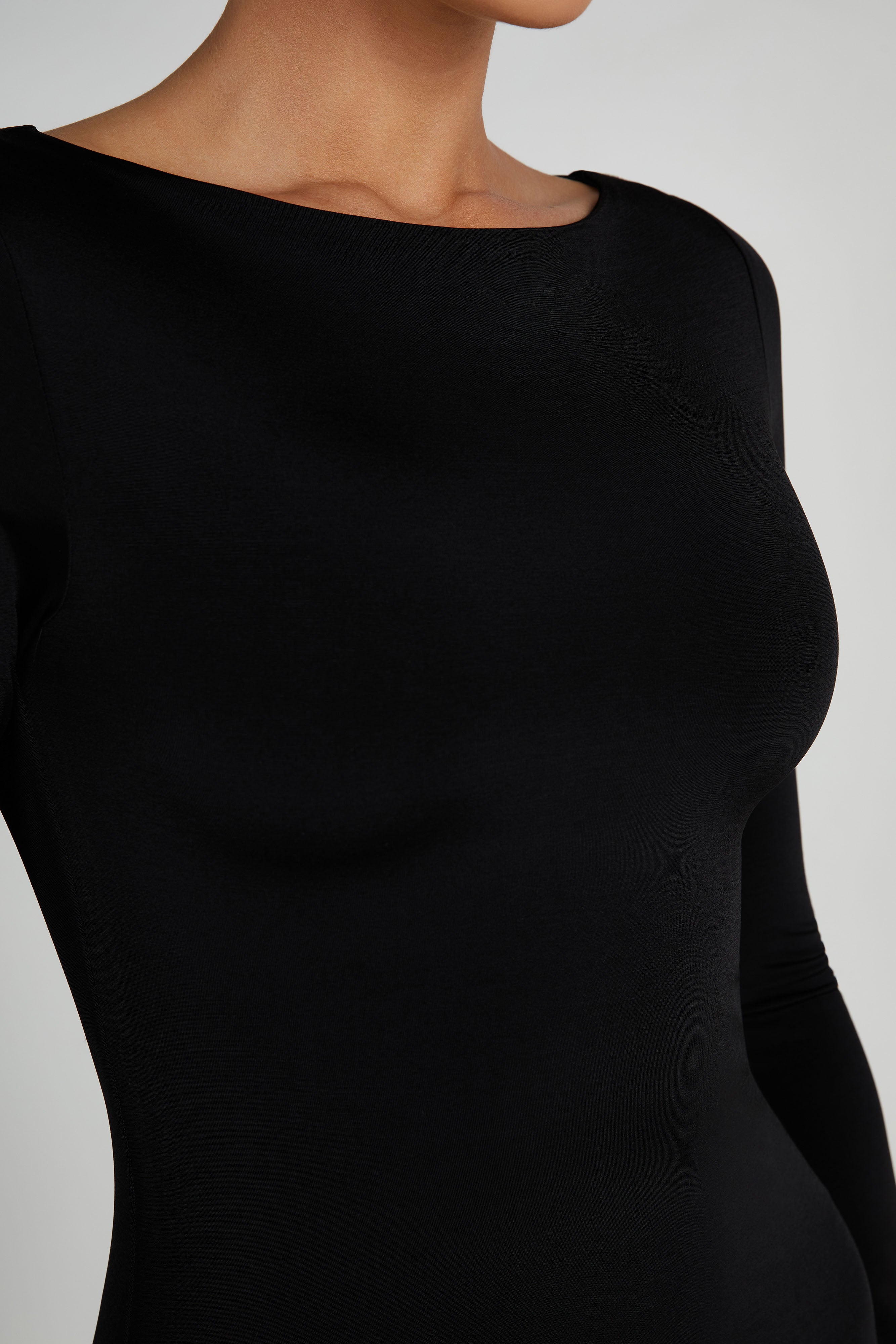 Black slinky fishtail maxi dress with long sleeves and crew neckline — Meshki | Endless UAE