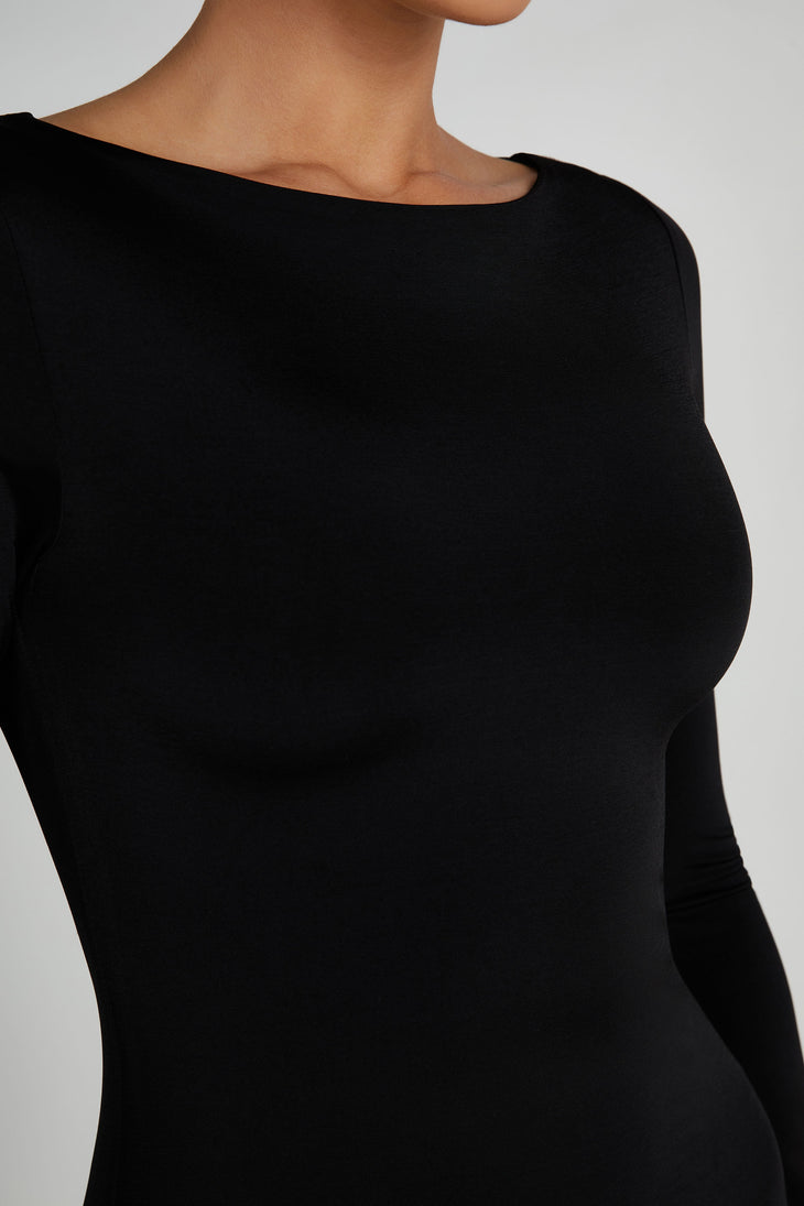 Black slinky fishtail maxi dress with long sleeves and crew neckline — Meshki | Endless UAE