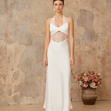 White satin maxi dress with halter neckline and lace panel cutout detail — Miss Rosier | Endless UAE