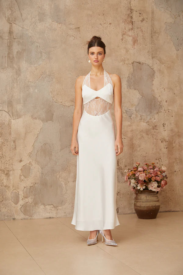 White satin maxi dress with halter neckline and lace panel cutout detail — Miss Rosier | Endless UAE