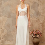 White satin maxi dress with halter neckline and lace panel cutout detail — Miss Rosier | Endless UAE