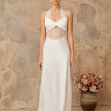 White satin maxi dress with halter neckline and lace panel cutout detail — Miss Rosier | Endless UAE