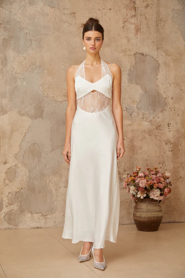 White satin maxi dress with halter neckline and lace panel cutout detail — Miss Rosier | Endless UAE