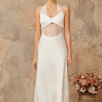 White satin maxi dress with halter neckline and lace panel cutout detail — Miss Rosier | Endless UAE