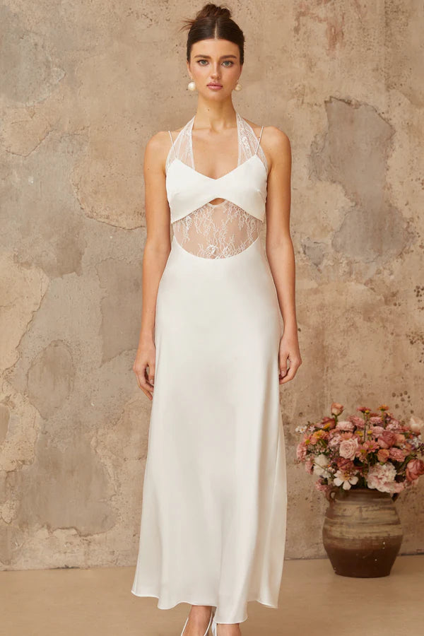 White satin maxi dress with halter neckline and lace panel cutout detail — Miss Rosier | Endless UAE