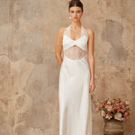White satin maxi dress with halter neckline and lace panel cutout detail — Miss Rosier | Endless UAE