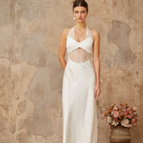 White satin maxi dress with halter neckline and lace panel cutout detail — Miss Rosier | Endless UAE
