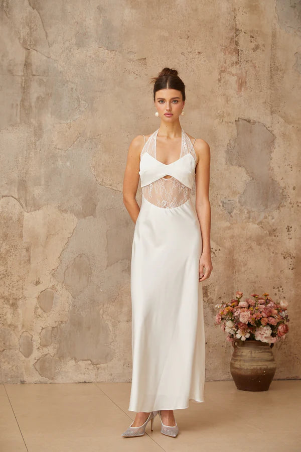 White satin maxi dress with halter neckline and lace panel cutout detail — Miss Rosier | Endless UAE