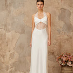 White satin maxi dress with halter neckline and lace panel cutout detail — Miss Rosier | Endless UAE