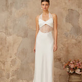 White satin maxi dress with halter neckline and lace panel cutout detail — Miss Rosier | Endless UAE