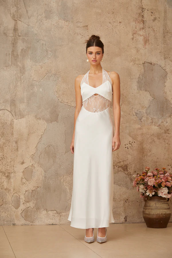 White satin maxi dress with halter neckline and lace panel cutout detail — Miss Rosier | Endless UAE