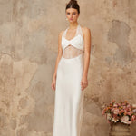 White satin maxi dress with halter neckline and lace panel cutout detail — Miss Rosier | Endless UAE