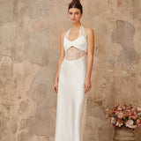 White satin maxi dress with halter neckline and lace panel cutout detail — Miss Rosier | Endless UAE