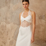 White satin maxi dress with halter neckline and lace panel cutout detail — Miss Rosier | Endless UAE