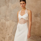 White satin maxi dress with halter neckline and lace panel cutout detail — Miss Rosier | Endless UAE