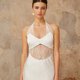 White satin maxi dress with halter neckline and lace panel cutout detail — Miss Rosier | Endless UAE