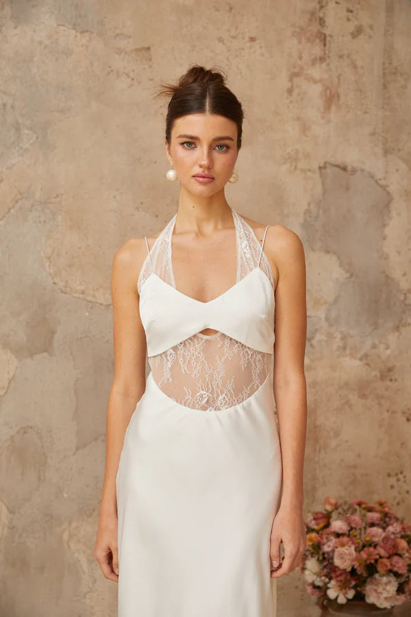 White satin maxi dress with halter neckline and lace panel cutout detail — Miss Rosier | Endless UAE