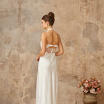 White satin maxi dress with halter neckline and lace panel cutout detail — Miss Rosier | Endless UAE