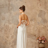White satin maxi dress with halter neckline and lace panel cutout detail — Miss Rosier | Endless UAE