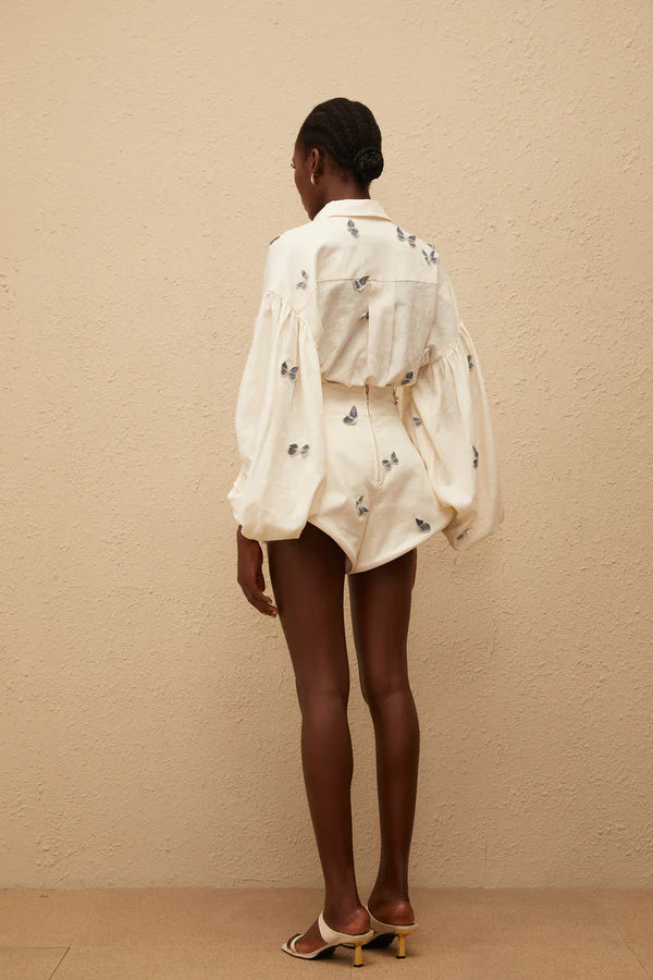 White butterfly embroidered co-ord set with puffed sleeves and shorts — Miss Rosier | Endless UAE