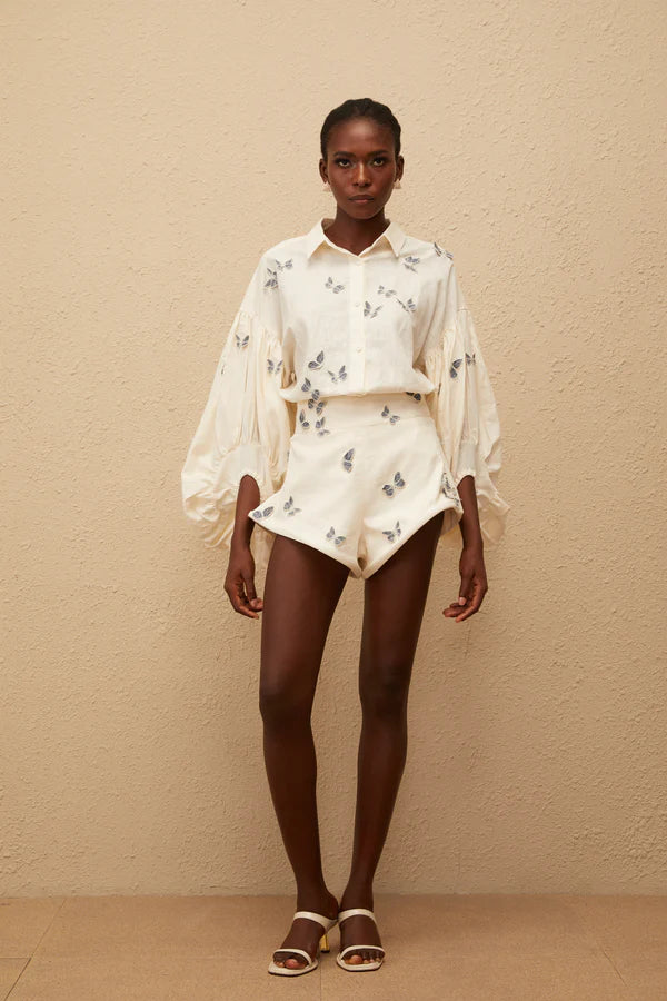 White butterfly embroidered co-ord set with puffed sleeves and shorts — Miss Rosier | Endless UAE
