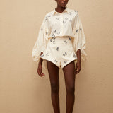 White butterfly embroidered co-ord set with puffed sleeves and shorts — Miss Rosier | Endless UAE