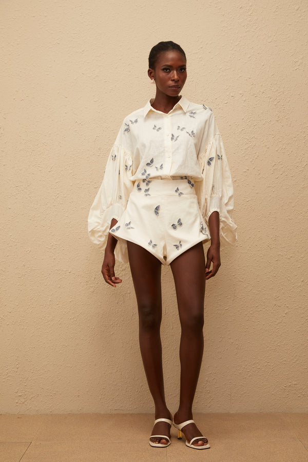 White butterfly embroidered co-ord set with puffed sleeves and shorts — Miss Rosier | Endless UAE