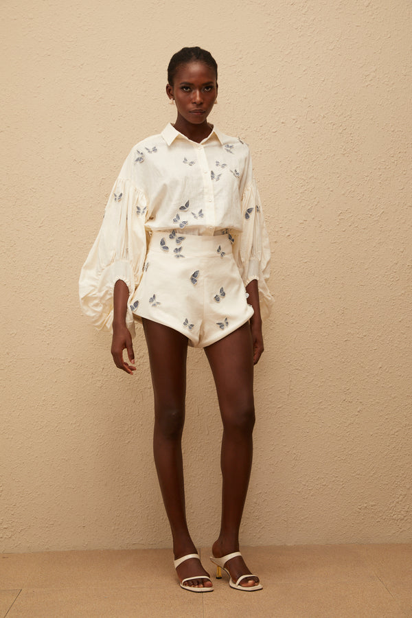 White butterfly embroidered co-ord set with puffed sleeves and shorts — Miss Rosier | Endless UAE