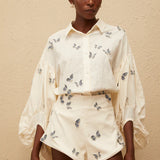 White butterfly embroidered co-ord set with puffed sleeves and shorts — Miss Rosier | Endless UAE