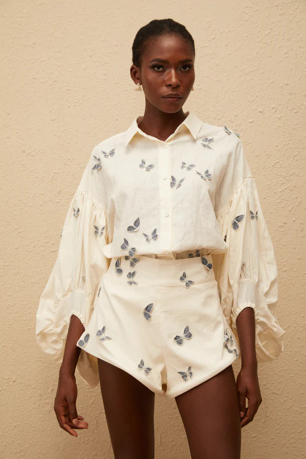 White butterfly embroidered co-ord set with puffed sleeves and shorts — Miss Rosier | Endless UAE