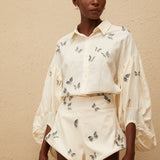 White butterfly embroidered co-ord set with puffed sleeves and shorts — Miss Rosier | Endless UAE