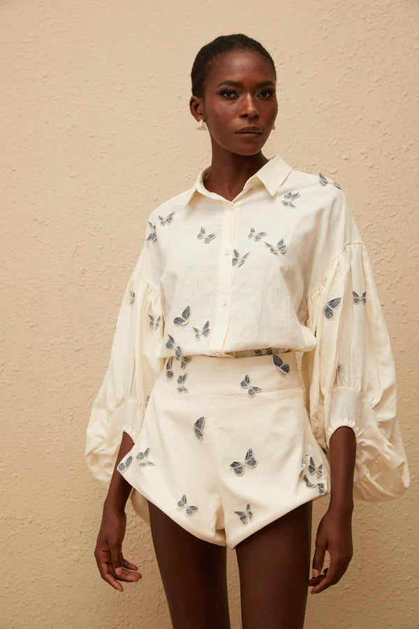 White butterfly embroidered co-ord set with puffed sleeves and shorts — Miss Rosier | Endless UAE