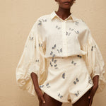White butterfly embroidered co-ord set with puffed sleeves and shorts — Miss Rosier | Endless UAE