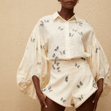 White butterfly embroidered co-ord set with puffed sleeves and shorts — Miss Rosier | Endless UAE