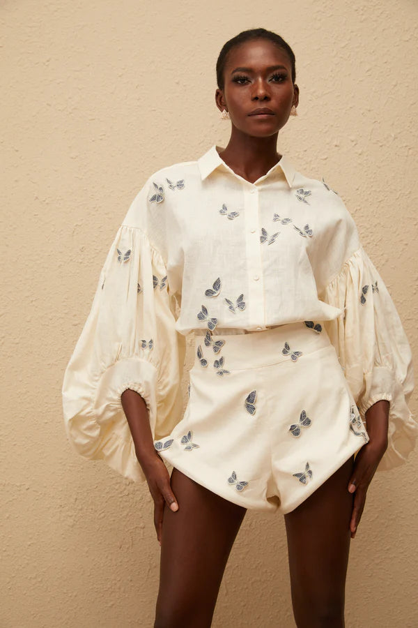 White butterfly embroidered co-ord set with puffed sleeves and shorts — Miss Rosier | Endless UAE