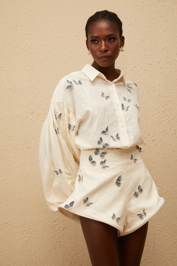 White butterfly embroidered co-ord set with puffed sleeves and shorts — Miss Rosier | Endless UAE