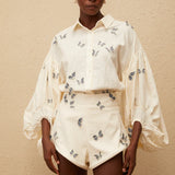 White butterfly embroidered co-ord set with puffed sleeves and shorts — Miss Rosier | Endless UAE