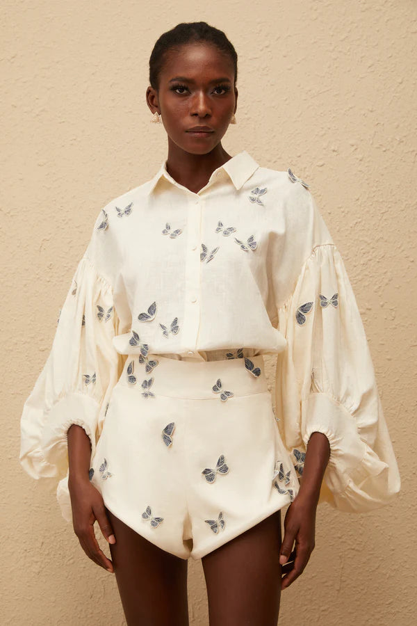 White butterfly embroidered co-ord set with puffed sleeves and shorts — Miss Rosier | Endless UAE
