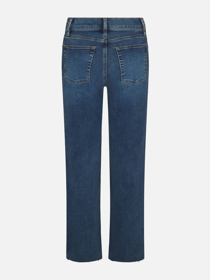 Medium wash straight leg denim jeans with raw hem and classic five-pocket styling — Frame | Endless UAE