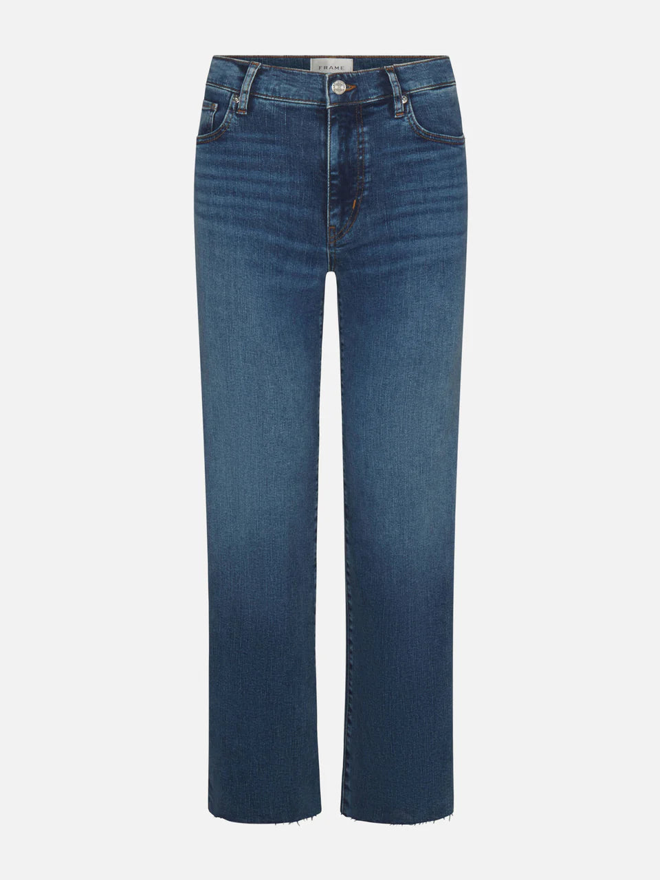 Medium wash high-rise straight leg jeans with raw hem detail and classic five-pocket styling — Frame | Endless UAE