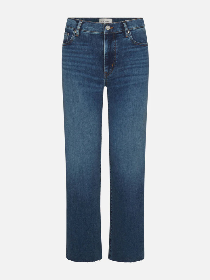 Medium wash high-rise straight leg jeans with raw hem detail and classic five-pocket styling — Frame | Endless UAE