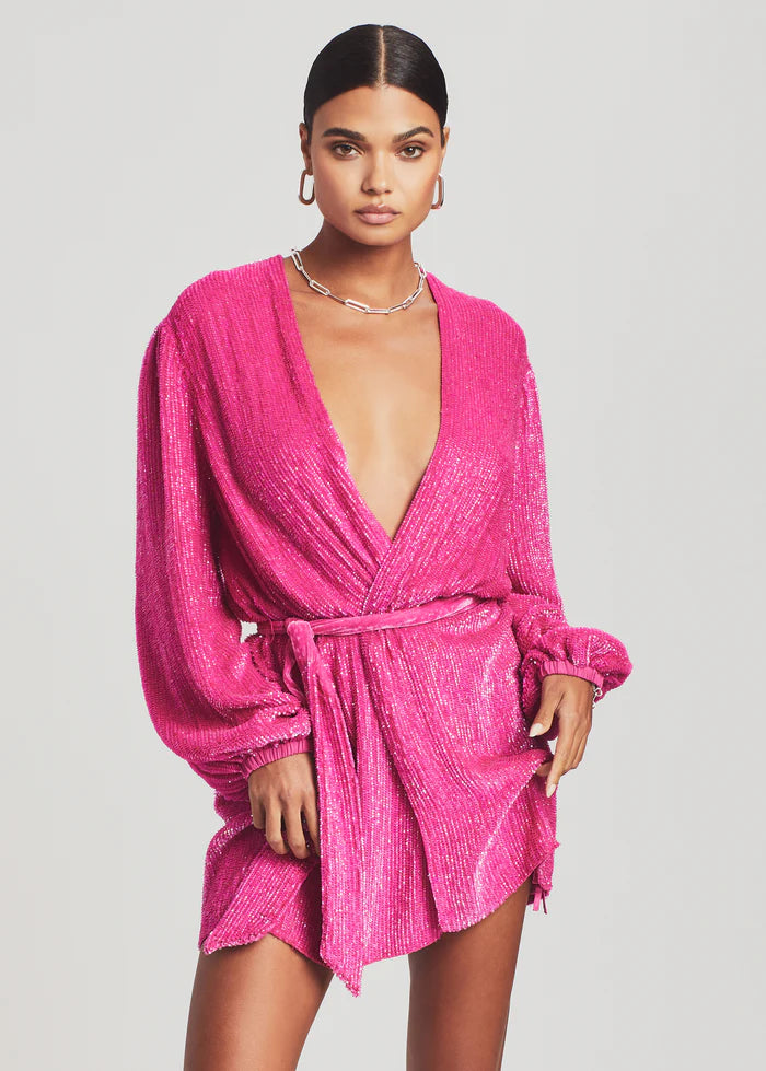 Hot pink sequin wrap robe with voluminous sleeves and tie waist — Retrofête | Endless UAE