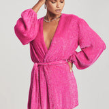 Hot pink sequin wrap robe with voluminous sleeves and tie waist — Retrofête | Endless UAE
