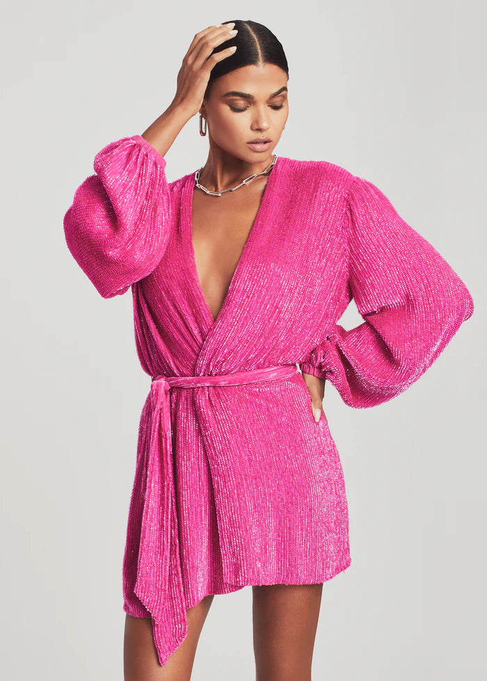Hot pink sequin wrap robe with voluminous sleeves and tie waist — Retrofête | Endless UAE