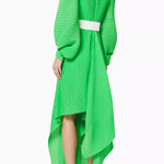 Bright green pleated asymmetric maxi dress with white belt and puff sleeves — Solace London | Endless UAE